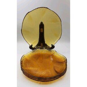 Vintage Amber Glass Dinner Plates by Pasabahce Embossed Flower Pattern Set of 4